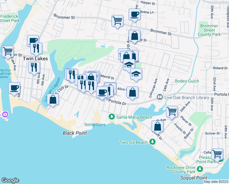 map of restaurants, bars, coffee shops, grocery stores, and more near 1701 Portola Drive in Santa Cruz