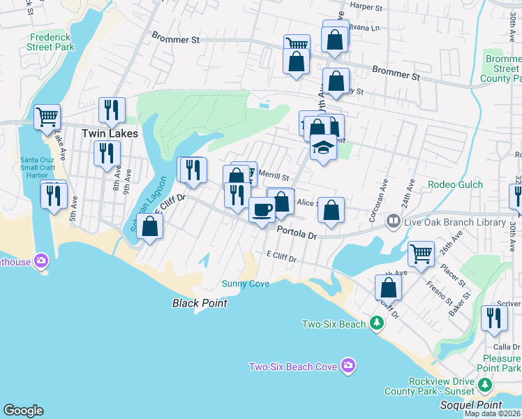 map of restaurants, bars, coffee shops, grocery stores, and more near 21613 East Cliff Drive in Santa Cruz