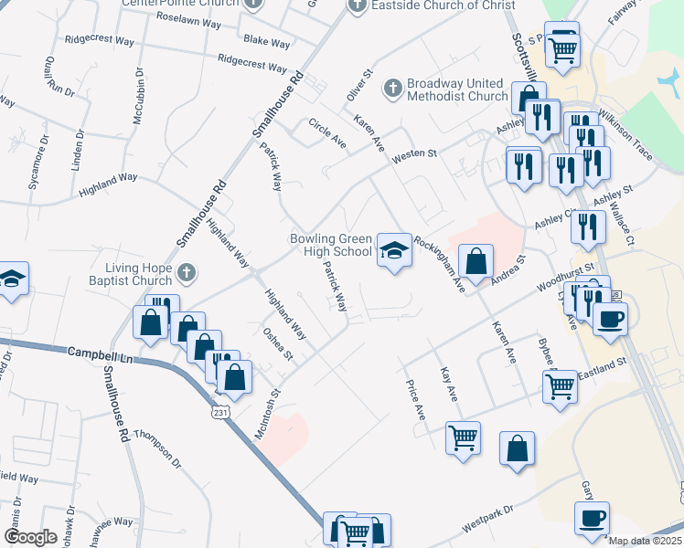 map of restaurants, bars, coffee shops, grocery stores, and more near 1748 Patrick Way in Bowling Green