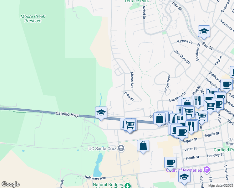 map of restaurants, bars, coffee shops, grocery stores, and more near 363 Western Drive in Santa Cruz