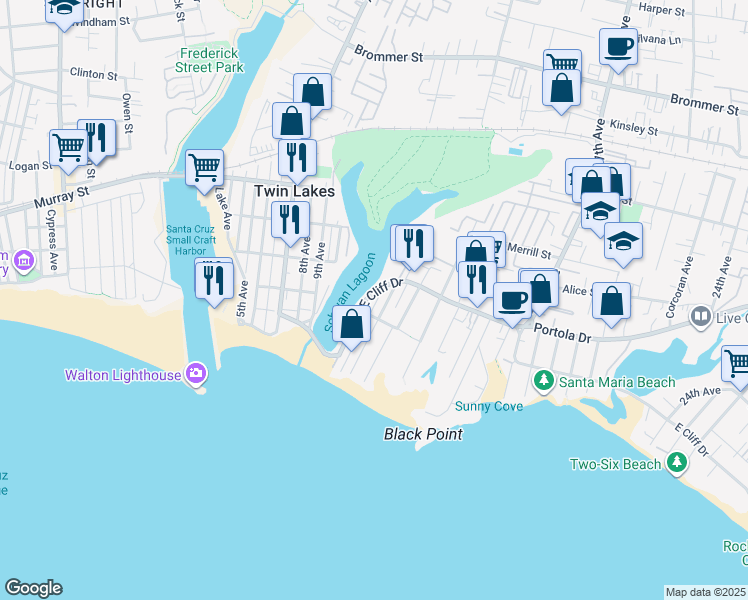 map of restaurants, bars, coffee shops, grocery stores, and more near 21130 East Cliff Drive in Santa Cruz