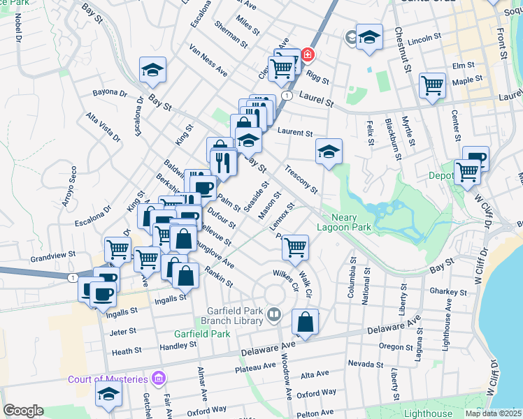 map of restaurants, bars, coffee shops, grocery stores, and more near 115 Mason Street in Santa Cruz