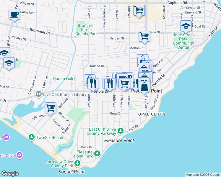 map of restaurants, bars, coffee shops, grocery stores, and more near 882 Walker Way in Santa Cruz