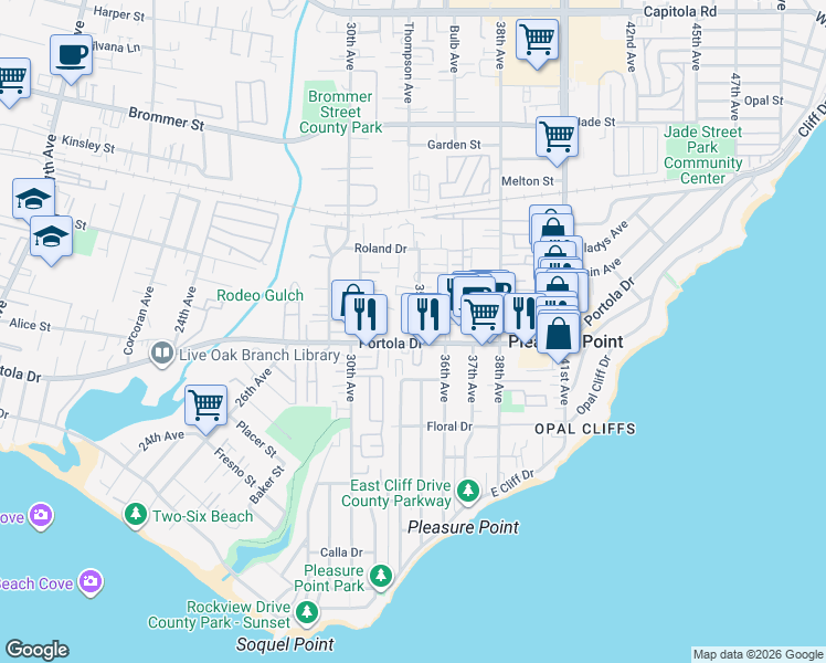 map of restaurants, bars, coffee shops, grocery stores, and more near 883 35th Avenue in Santa Cruz