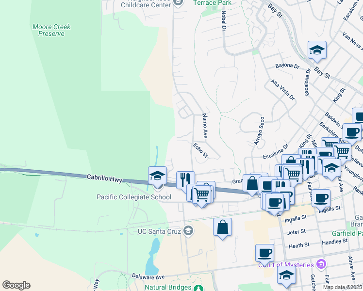 map of restaurants, bars, coffee shops, grocery stores, and more near 413 Western Drive in Santa Cruz