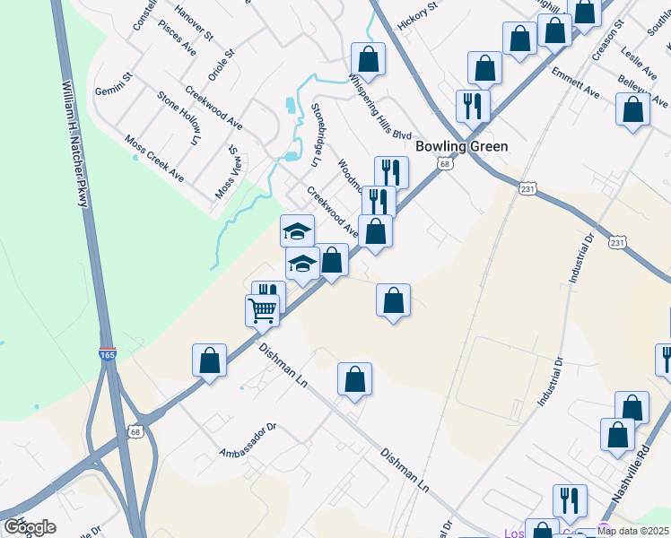 map of restaurants, bars, coffee shops, grocery stores, and more near 2565 Russellville Road in Bowling Green