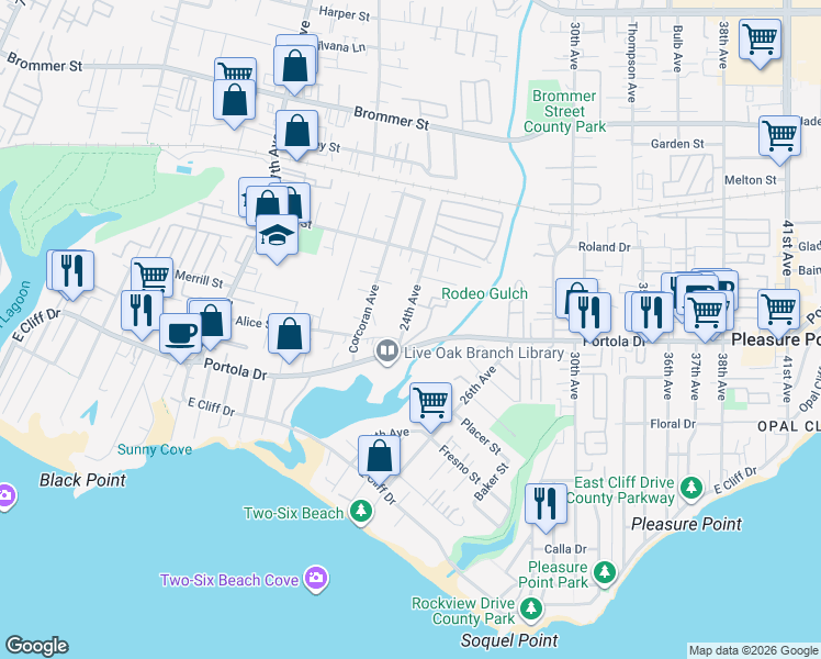 map of restaurants, bars, coffee shops, grocery stores, and more near 656 24th Avenue in Santa Cruz