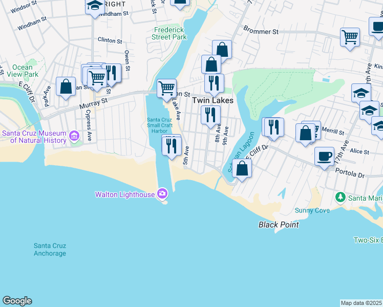 map of restaurants, bars, coffee shops, grocery stores, and more near 200 6th Avenue in Santa Cruz