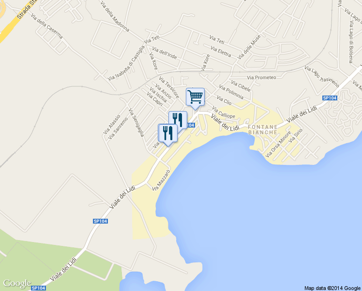 map of restaurants, bars, coffee shops, grocery stores, and more near 31 Via Taormina in Fontane Bianche