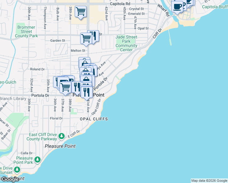 map of restaurants, bars, coffee shops, grocery stores, and more near 4425 Opal Cliff Drive in Santa Cruz