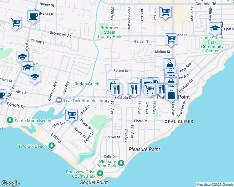 map of restaurants, bars, coffee shops, grocery stores, and more near 3210 Sylvaner Circle in Santa Cruz