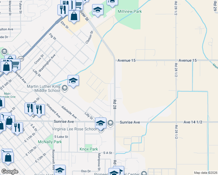 map of restaurants, bars, coffee shops, grocery stores, and more near 14779 Road 28 in Madera