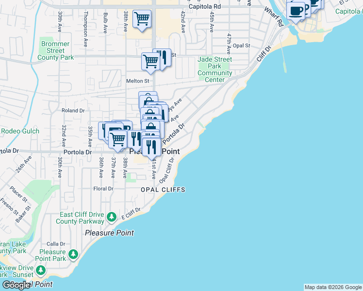 map of restaurants, bars, coffee shops, grocery stores, and more near 4425 Opal Cliff Drive in Santa Cruz