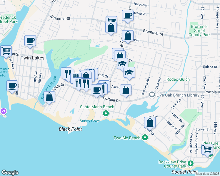 map of restaurants, bars, coffee shops, grocery stores, and more near 1710 Alice Street in Santa Cruz