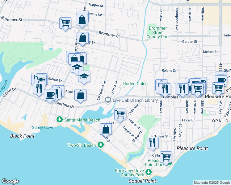 map of restaurants, bars, coffee shops, grocery stores, and more near 658 24th Avenue in Santa Cruz