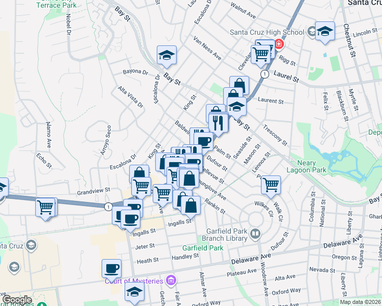 map of restaurants, bars, coffee shops, grocery stores, and more near 119 Berkshire Avenue in Santa Cruz