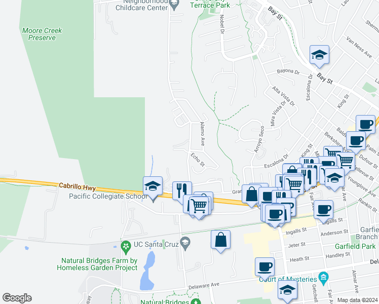map of restaurants, bars, coffee shops, grocery stores, and more near Western Drive & Echo Street in Santa Cruz