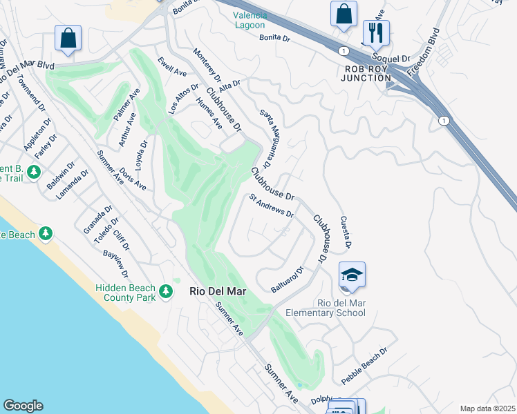 map of restaurants, bars, coffee shops, grocery stores, and more near 640 Saint Andrews Drive in Aptos