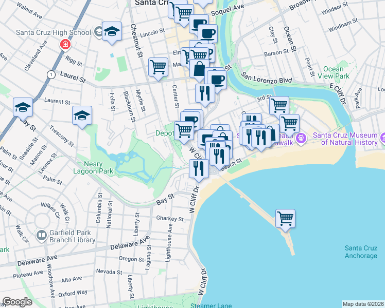 map of restaurants, bars, coffee shops, grocery stores, and more near 116 West Cliff Drive in Santa Cruz