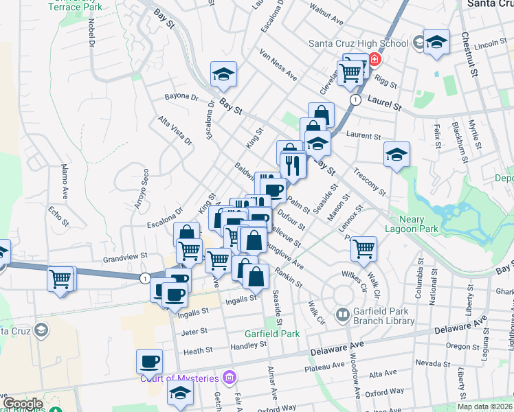 map of restaurants, bars, coffee shops, grocery stores, and more near 115 Baldwin Street in Santa Cruz