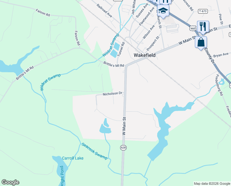 map of restaurants, bars, coffee shops, grocery stores, and more near 114 Nicholson Drive in Wakefield