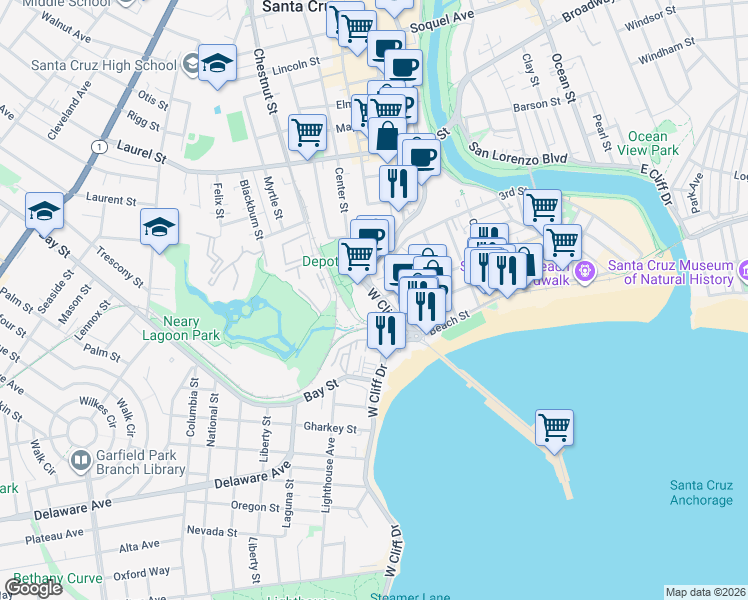 map of restaurants, bars, coffee shops, grocery stores, and more near 116 West Cliff Drive in Santa Cruz