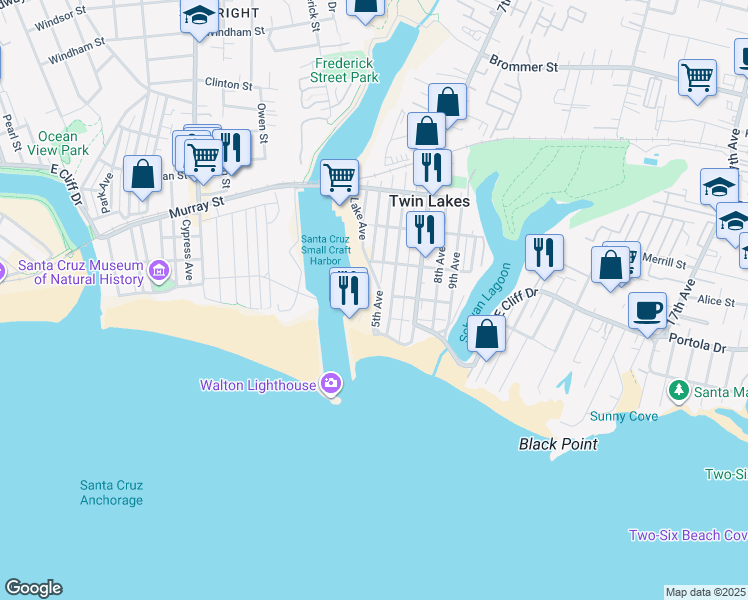 map of restaurants, bars, coffee shops, grocery stores, and more near 135 Lake Avenue in Santa Cruz