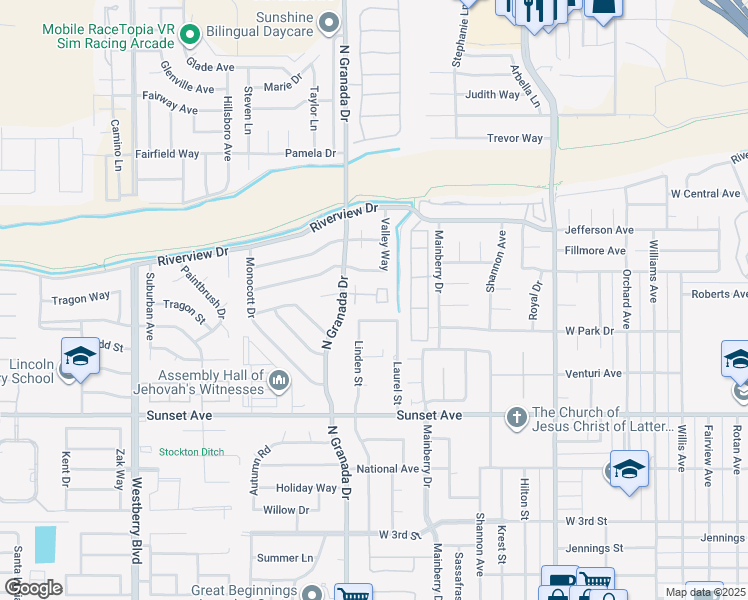 map of restaurants, bars, coffee shops, grocery stores, and more near 801 North Granada Drive in Madera