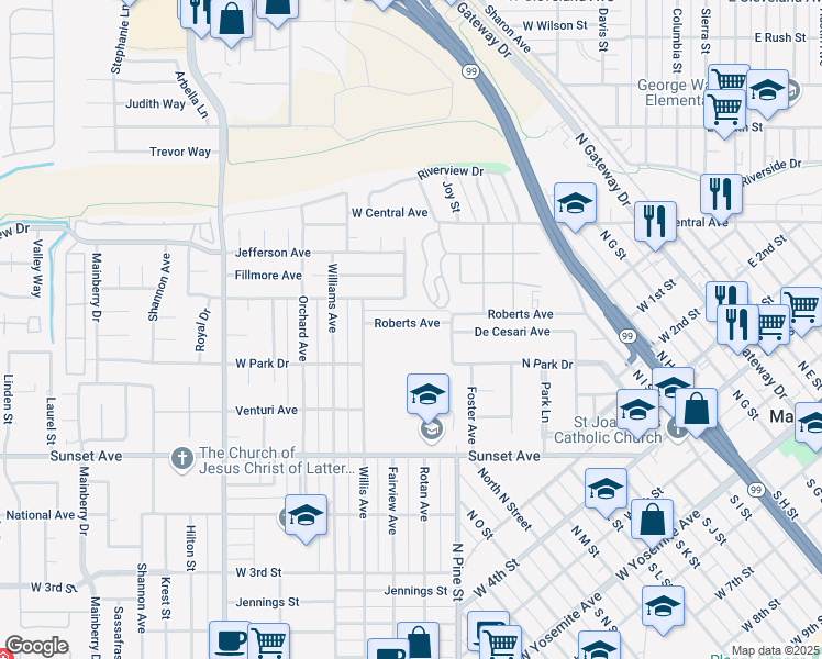 map of restaurants, bars, coffee shops, grocery stores, and more near 1420 Roberts Avenue in Madera