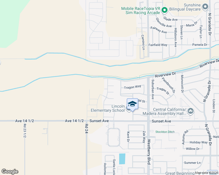 map of restaurants, bars, coffee shops, grocery stores, and more near 3750 Los Osos Court in Madera