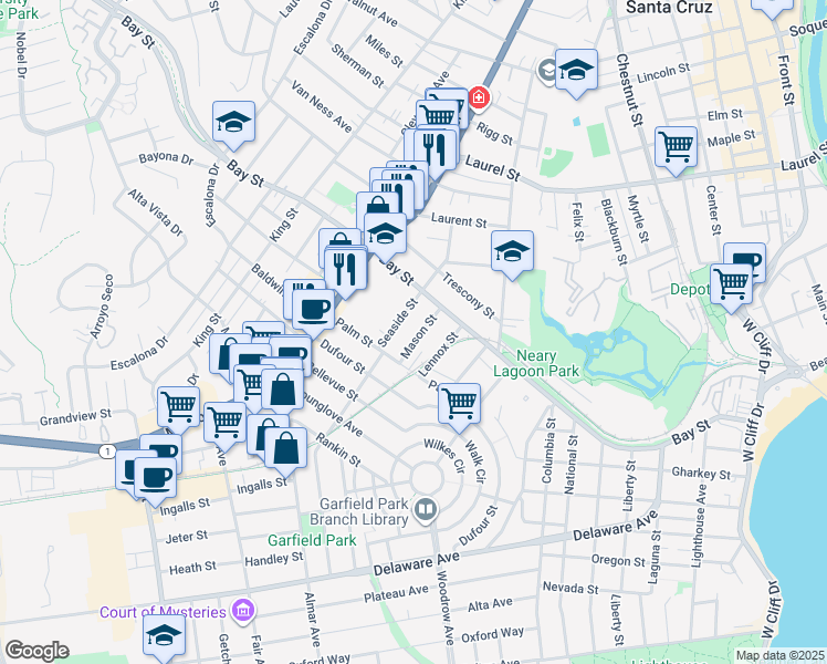 map of restaurants, bars, coffee shops, grocery stores, and more near 143 Mason Street in Santa Cruz