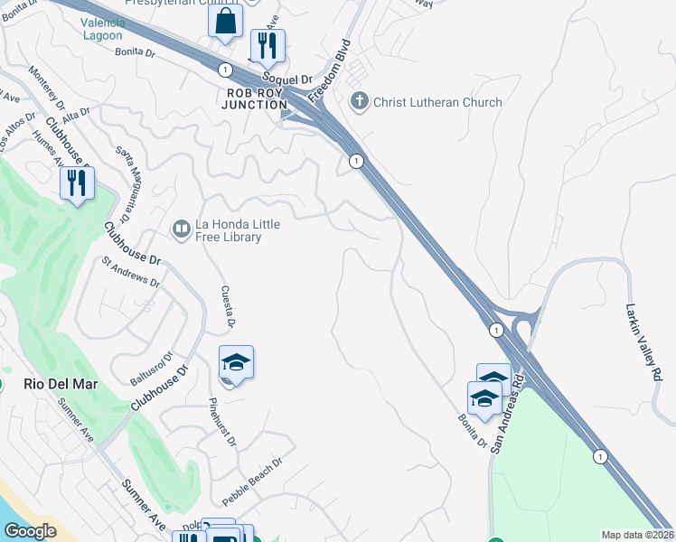 map of restaurants, bars, coffee shops, grocery stores, and more near 122 Zanzibar Drive in Aptos