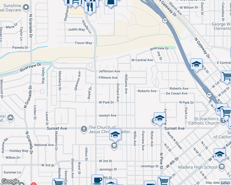 map of restaurants, bars, coffee shops, grocery stores, and more near 816 Orchard Avenue in Madera
