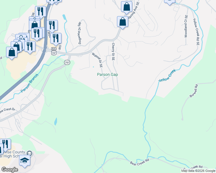 map of restaurants, bars, coffee shops, grocery stores, and more near 314 Apple Drive Southeast in Wise
