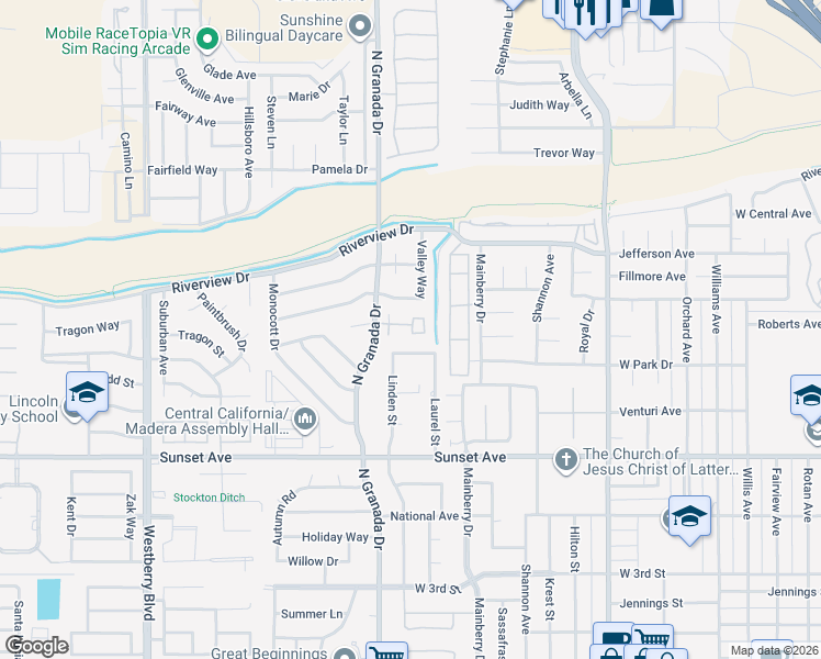 map of restaurants, bars, coffee shops, grocery stores, and more near 801 North Granada Drive in Madera