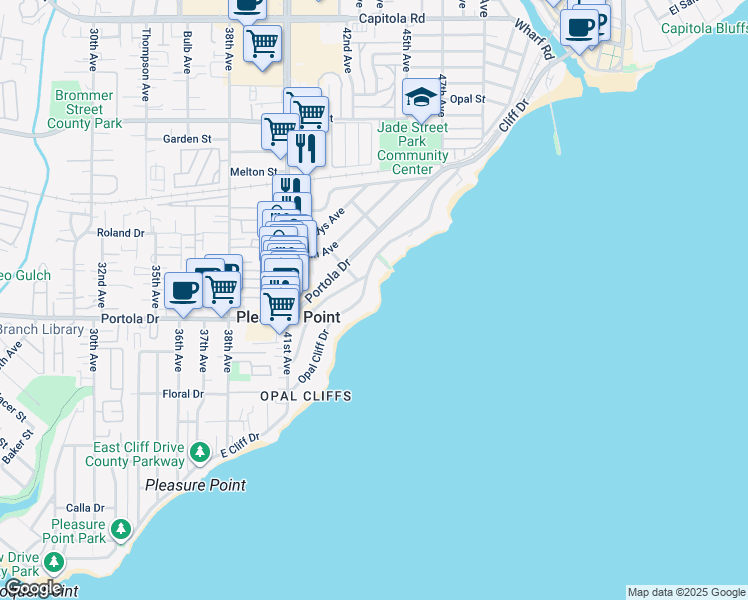 map of restaurants, bars, coffee shops, grocery stores, and more near 4460 Opal Cliff Drive in Santa Cruz