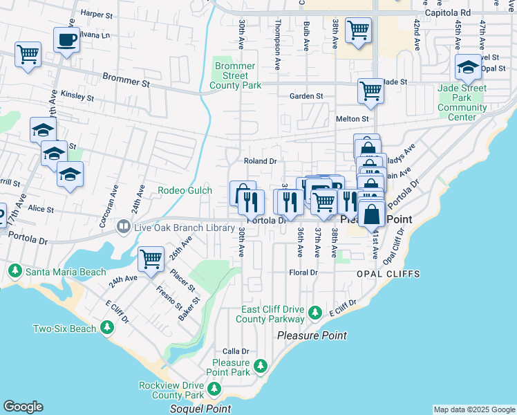 map of restaurants, bars, coffee shops, grocery stores, and more near 3210 Sylvaner Circle in Santa Cruz