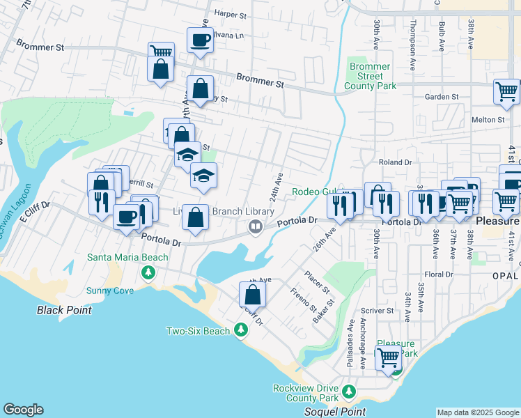 map of restaurants, bars, coffee shops, grocery stores, and more near 682 24th Avenue in Santa Cruz