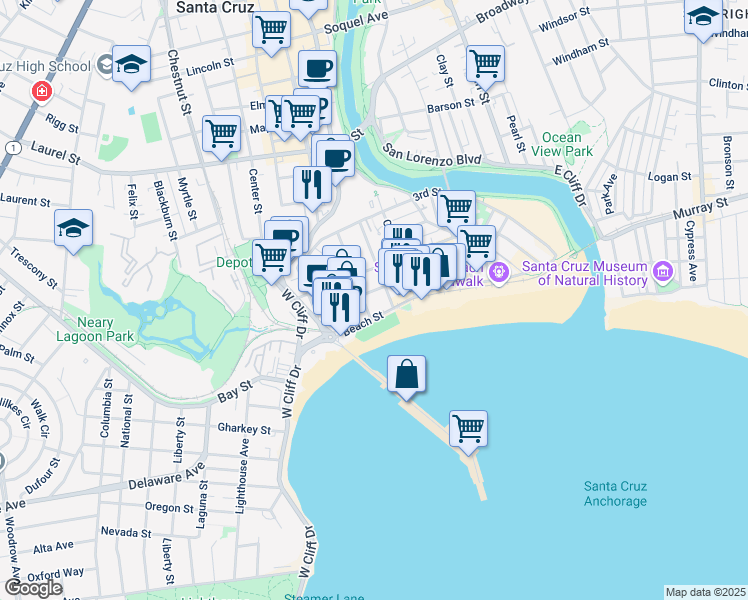 map of restaurants, bars, coffee shops, grocery stores, and more near 212 First Street in Santa Cruz