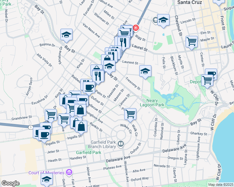 map of restaurants, bars, coffee shops, grocery stores, and more near 143 Mason Street in Santa Cruz
