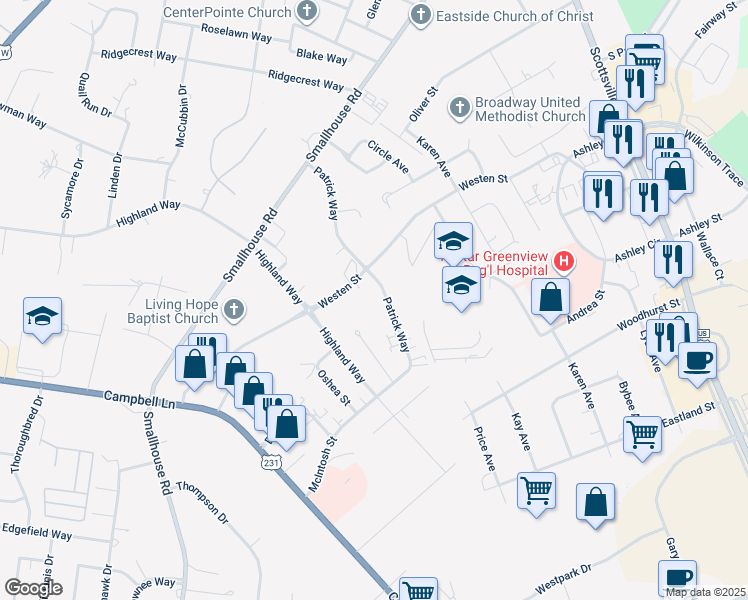 map of restaurants, bars, coffee shops, grocery stores, and more near 1703 Patrick Way in Bowling Green