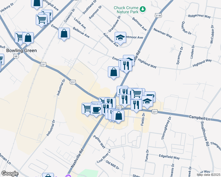 map of restaurants, bars, coffee shops, grocery stores, and more near 2355 Nashville Road in Bowling Green