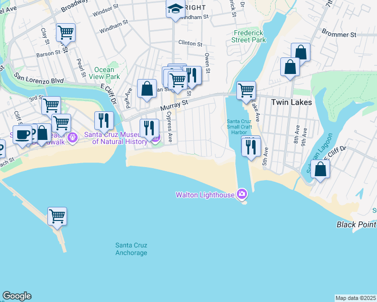 map of restaurants, bars, coffee shops, grocery stores, and more near 1703 East Cliff Drive in Santa Cruz