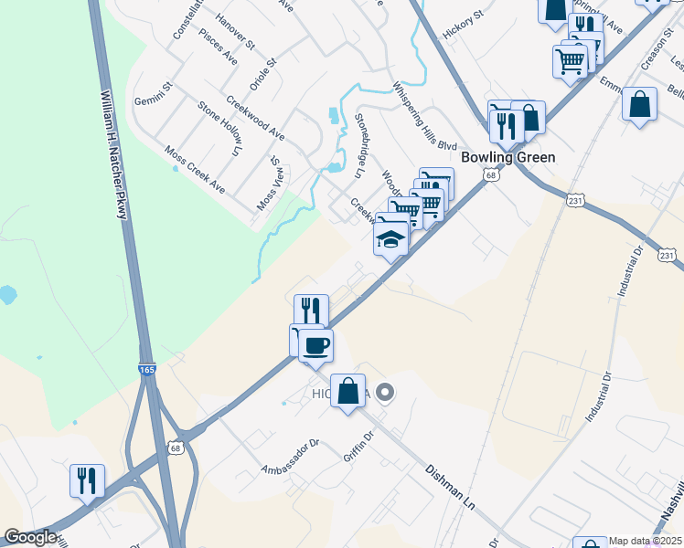 map of restaurants, bars, coffee shops, grocery stores, and more near 2565 Russellville Road in Bowling Green