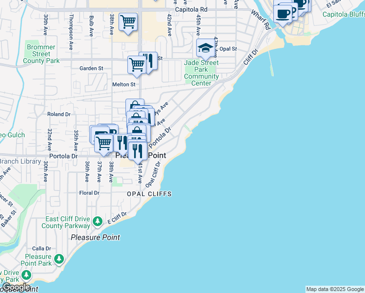 map of restaurants, bars, coffee shops, grocery stores, and more near 4460 Opal Cliff Drive in Santa Cruz