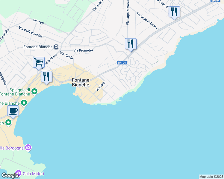 map of restaurants, bars, coffee shops, grocery stores, and more near 11 Via Polluce Fontane Bianche in Fontane Bianche