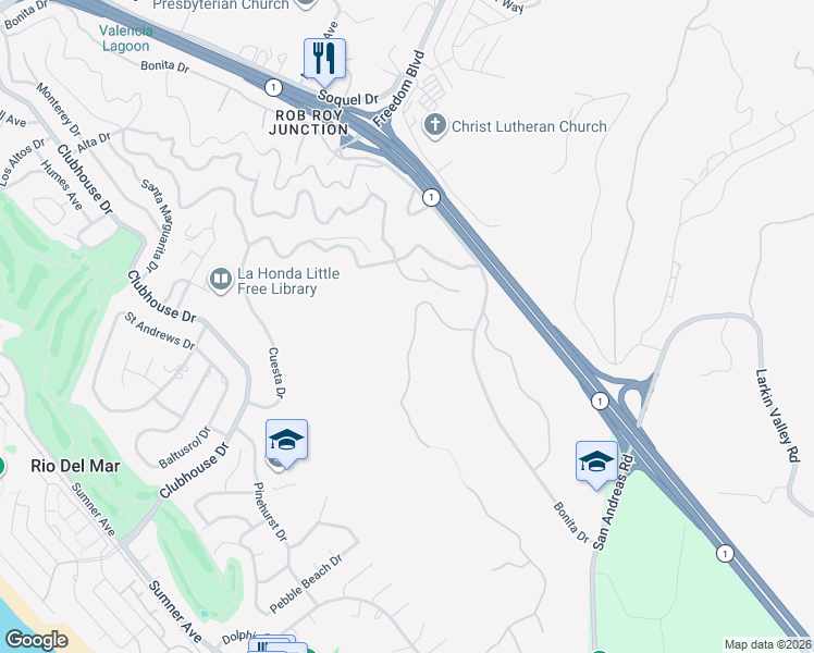 map of restaurants, bars, coffee shops, grocery stores, and more near 122 Zanzibar Drive in Aptos