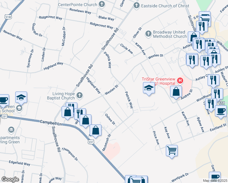 map of restaurants, bars, coffee shops, grocery stores, and more near 1612 Westen Street in Bowling Green