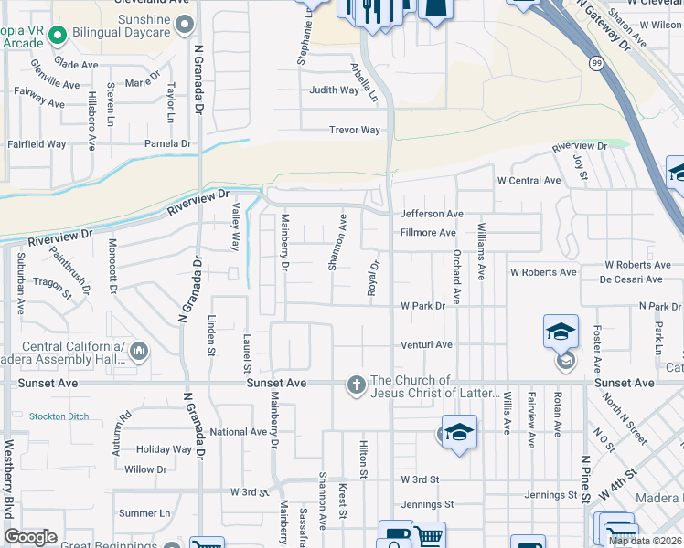 map of restaurants, bars, coffee shops, grocery stores, and more near 2151 Seahorse Court in Madera