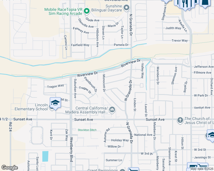 map of restaurants, bars, coffee shops, grocery stores, and more near 2820 Driftwood Drive in Madera